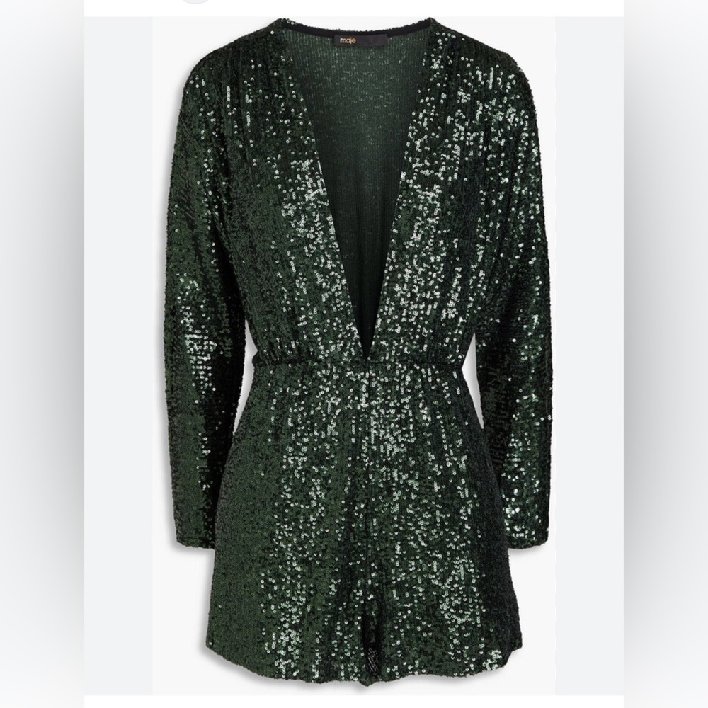 Maje Dark Green Sequin Plunge Romper
